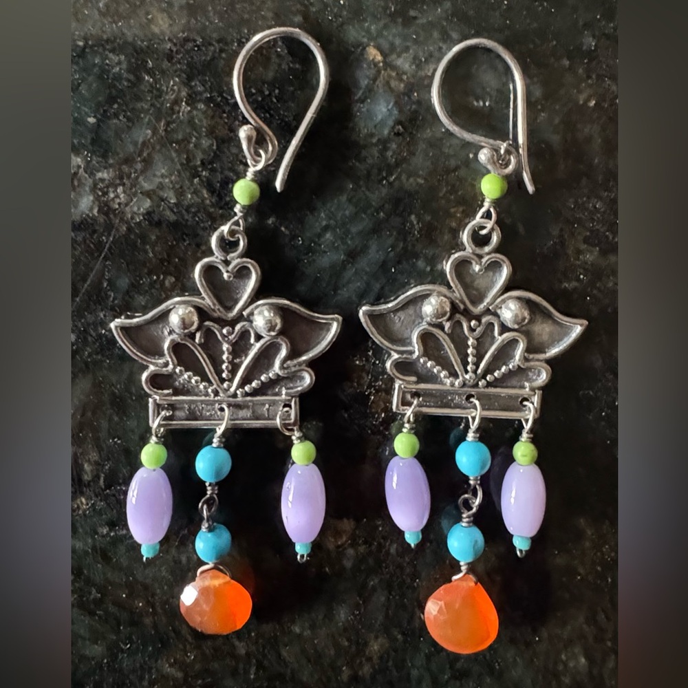 Sterling Silver, semi precious beaded earrings by Flying Lizard Design.Signed.